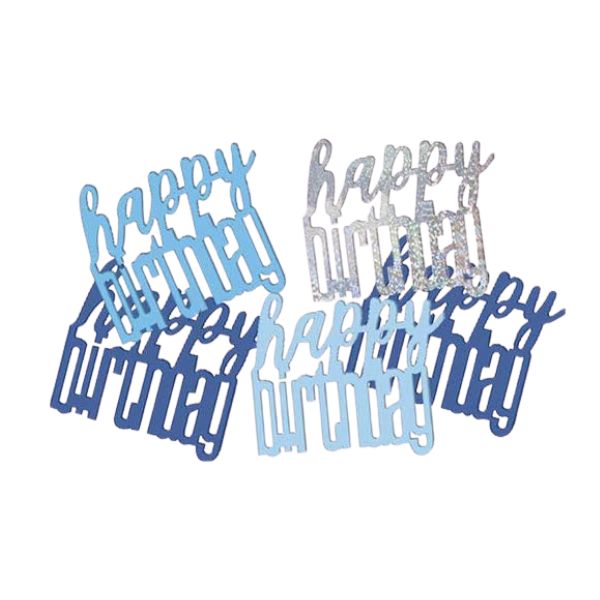 Blue Glitz Happy Birthday Confetti Close-up of assorted blue and silver Happy Birthday confetti cutouts with sparkling finish