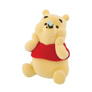 Flocked Winnie the Pooh figurine sitting with bumble bee on nose in red shirt