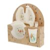 Flopsy Dinner Set Side view of Flopsy Dinner Set by Beatrix Potter with plate, bowl, cup, fork and spoon in packaging