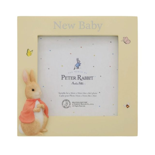 Flopsy New Baby Photo Frame cream colour with Peter Rabbit figure and New Baby text