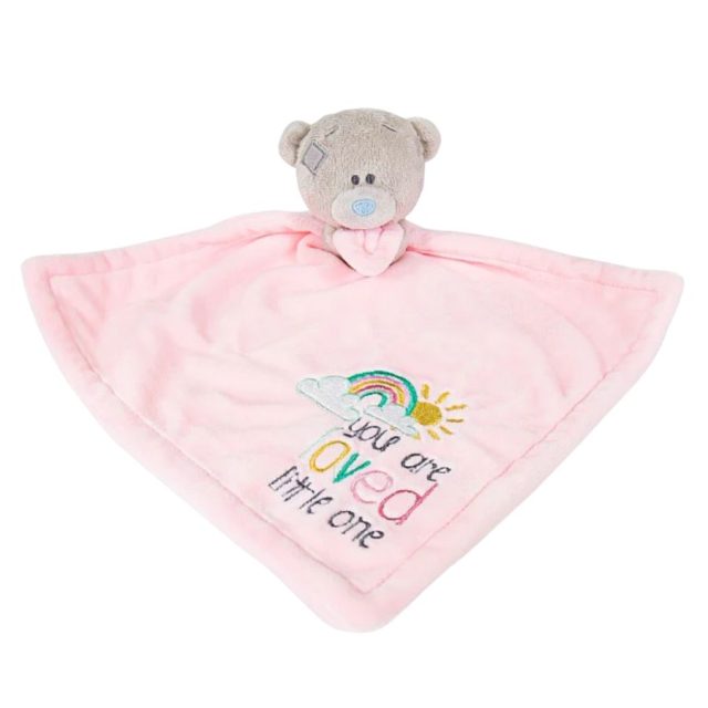 Pink baby comforter with Me To You Tatty Teddy bear head and rainbow embroidery