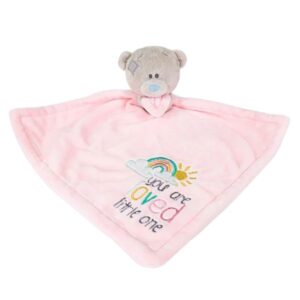 Pink baby comforter with Me To You Tatty Teddy bear head and rainbow embroidery