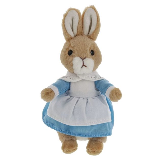 Mrs Rabbit soft toy dressed in blue dress and white pinafore facing front