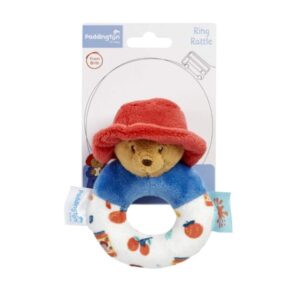 Paddington ring rattle with red hat and blue collar on a white ring with colourful prints