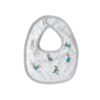 White baby bib with grey trim and multiple small Peter Rabbit designs with blue jacket