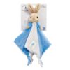 Peter Rabbit comfort blanket with plush rabbit head in blue and white fabric