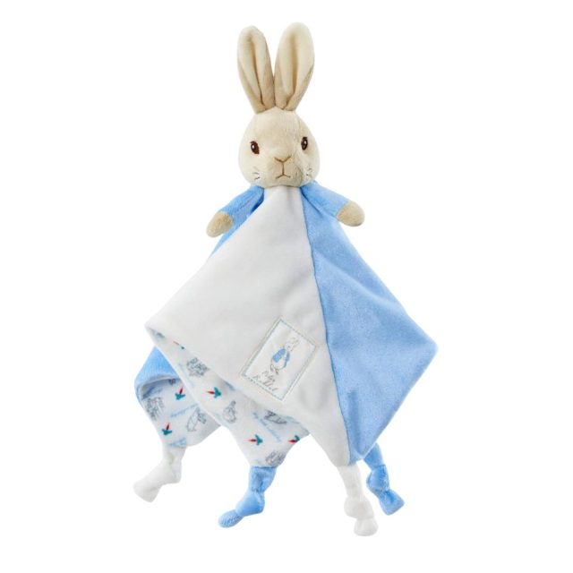 Peter Rabbit comfort blanket showing illustrated reverse pattern with knotted corners