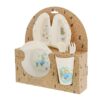 Side view of Peter Rabbit baby dinner set featuring divided plate, bowl, cup and utensils in packaging