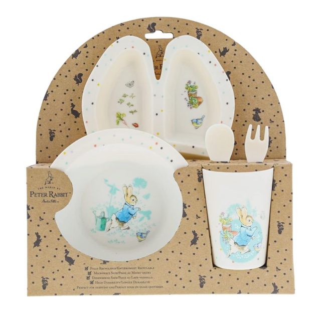 Peter Rabbit baby dinner set with divided plate, bowl, cup and cutlery in eco-friendly packaging