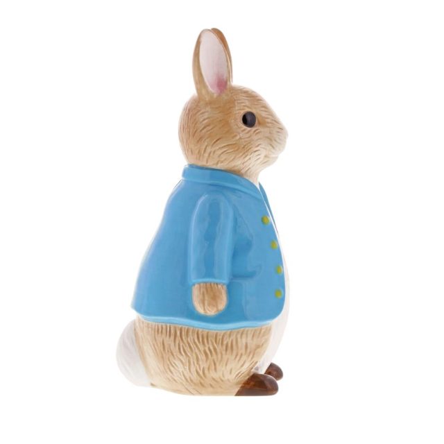 Peter Rabbit Sculpted Money Bank Side profile of Peter Rabbit money bank showing detailed fur and blue jacket