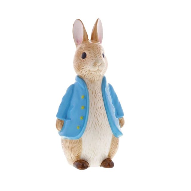 Peter Rabbit Sculpted Money Bank by Beatrix Potter Front view of Peter Rabbit sculpted money bank wearing blue jacket