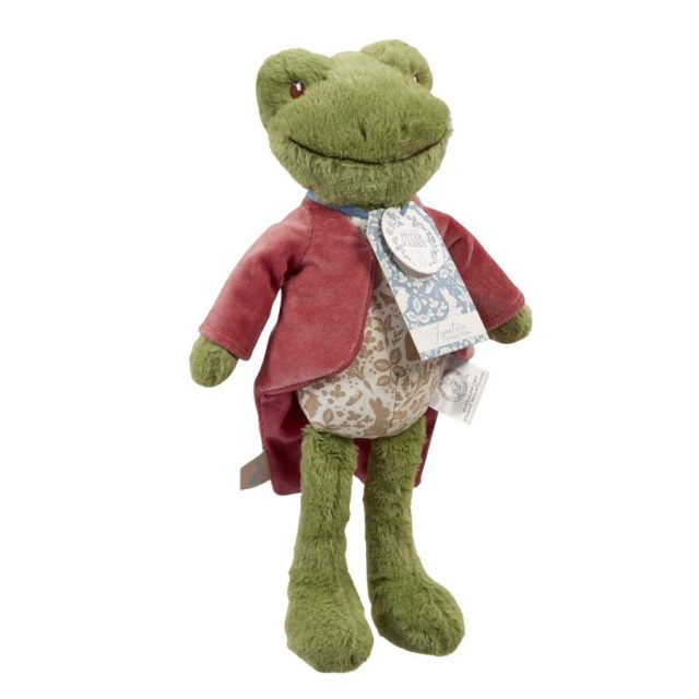 Peter Rabbit Signature Friends Jeremy Fisher Side view of Peter Rabbit Jeremy Fisher soft toy wearing detailed patterned waistcoat and maroon velveteen tail coat
