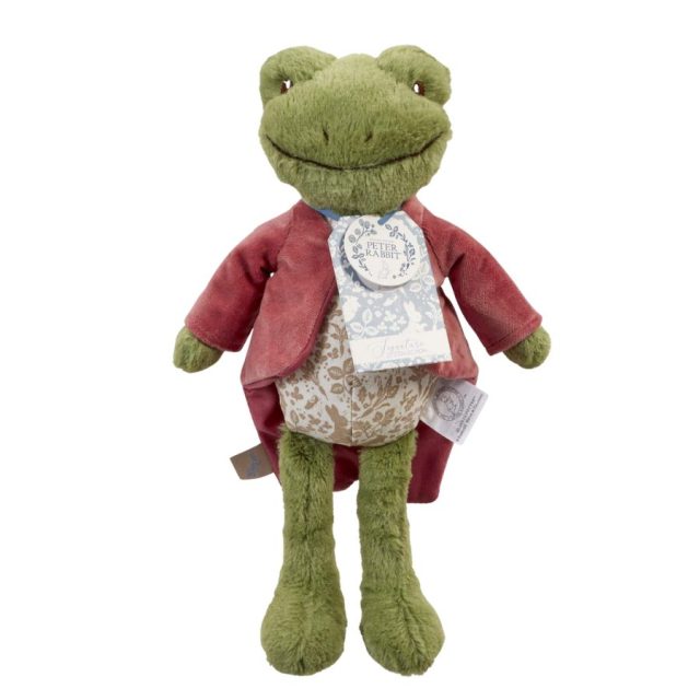 Peter Rabbit Signature Friends Jeremy Fisher Soft Toy Front view of Peter Rabbit Jeremy Fisher soft toy with green frog face and maroon velveteen coat
