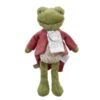 Peter Rabbit Signature Friends Jeremy Fisher Soft Toy Front view of Peter Rabbit Jeremy Fisher soft toy with green frog face and maroon velveteen coat