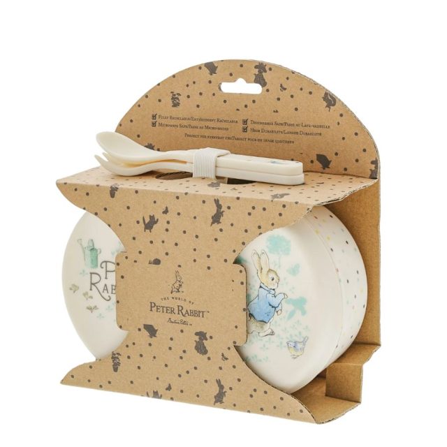Side view of Peter Rabbit snack box set showing the plates and cutlery in sustainable packaging