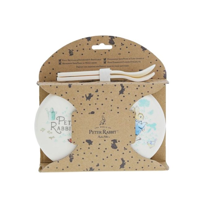 Peter Rabbit snack box and cutlery set in eco-friendly packaging with playful rabbit design