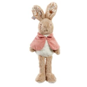 Front view of Flopsy soft toy rabbit with pink cape and floral patterned ears