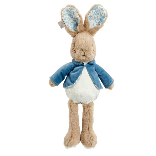 Soft Peter Rabbit plush toy with blue jacket and floral-patterned ears