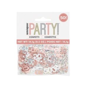 Pack of rose gold and silver foil 50th birthday confetti in clear packaging