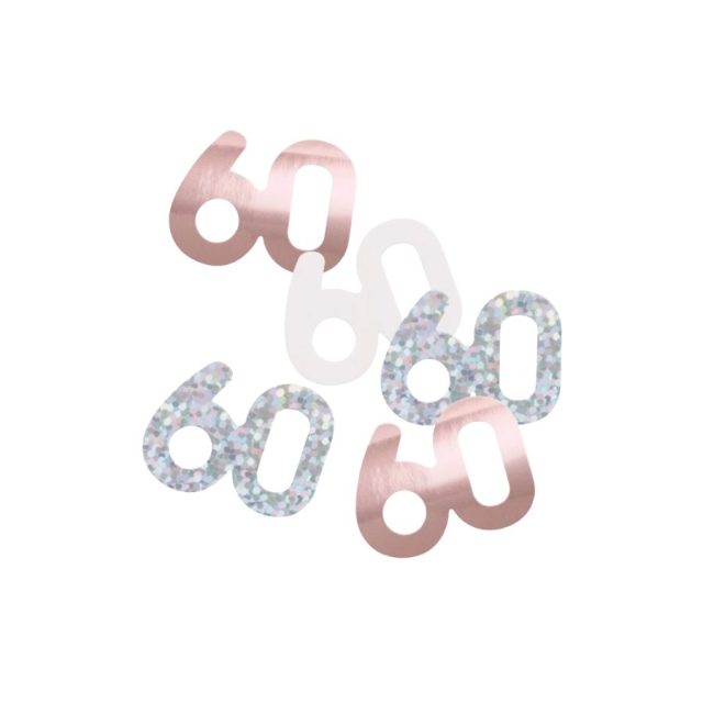 Loose Unique Party Rose Gold Glitz 60th Birthday Confetti pieces in rose gold, white, and glitter finish