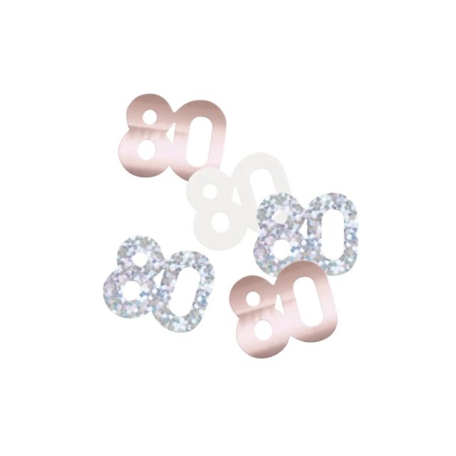 Loose rose gold and silver 80 number confetti pieces scattered on white background