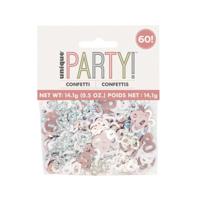Pack of Unique Party Rose Gold Glitz 60th Birthday Confetti in clear packaging