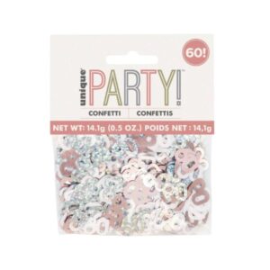 Pack of Unique Party Rose Gold Glitz 60th Birthday Confetti in clear packaging