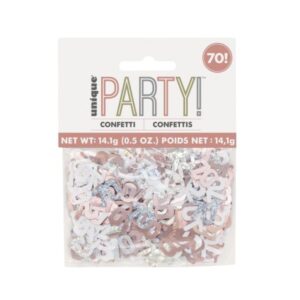 Pack of Unique Party rose gold and silver 70th birthday confetti in clear packaging