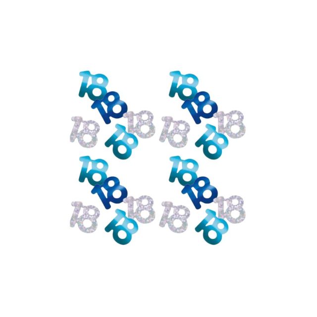 Loose blue and silver 18th birthday confetti pieces arranged in pattern