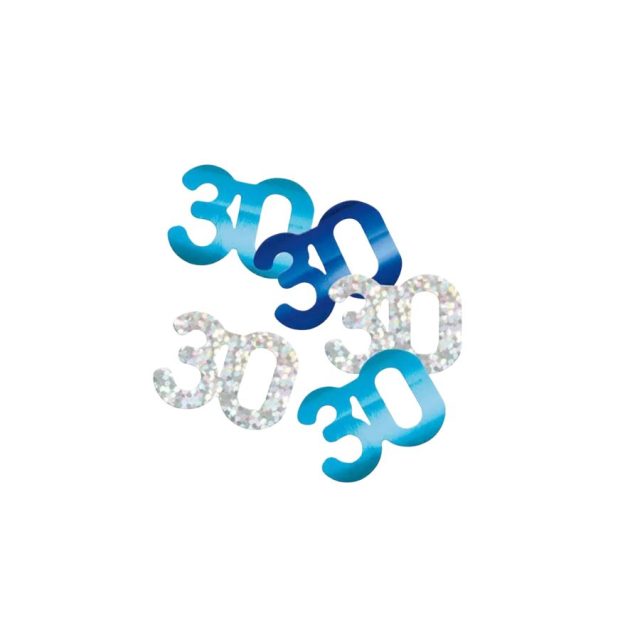 UNIQUE BLUE 40TH CONFETTI Close-up of loose Unique Party Blue Glitz 30th Birthday Confetti pieces in blue and silver foil
