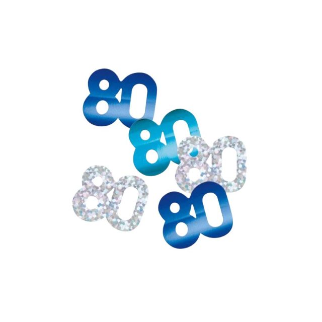 Loose Unique Party Blue Glitz 80th Birthday Confetti pieces in various blue and silver finishes