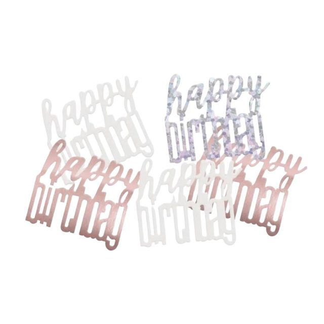 Loose rose gold and assorted colour Happy Birthday confetti pieces spread out