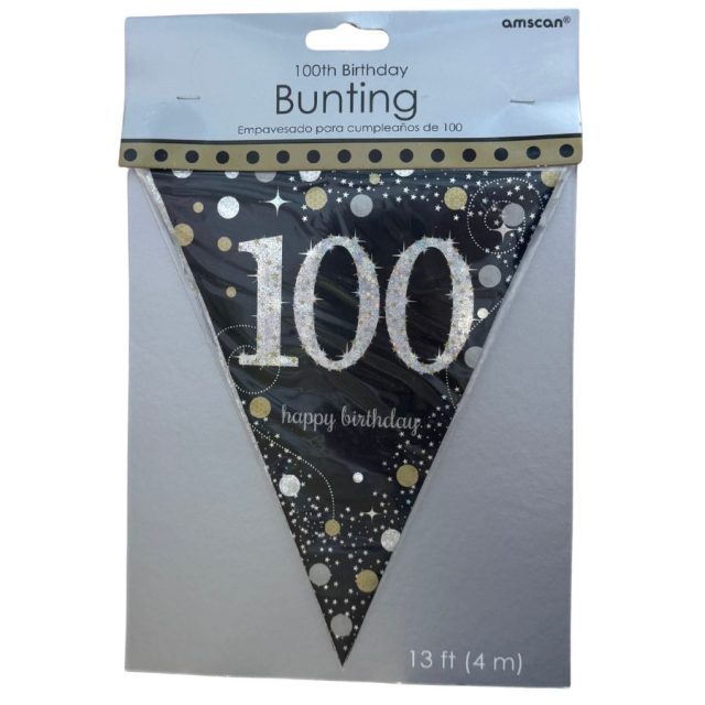 Single triangular flag of Amscan Gold Sparkling 100th Birthday plastic bunting in black and gold