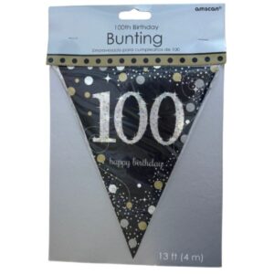 Single triangular flag of Amscan Gold Sparkling 100th Birthday plastic bunting in black and gold