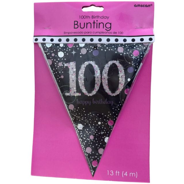 Amscan black plastic pennant bunting with pink and silver 100th birthday design, 4 metres long