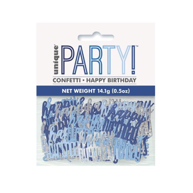 UNIQUE BLUE HAPPY BIRTHDAY CONFETTI Pack of Unique Party blue and silver metallic Happy Birthday confetti pieces