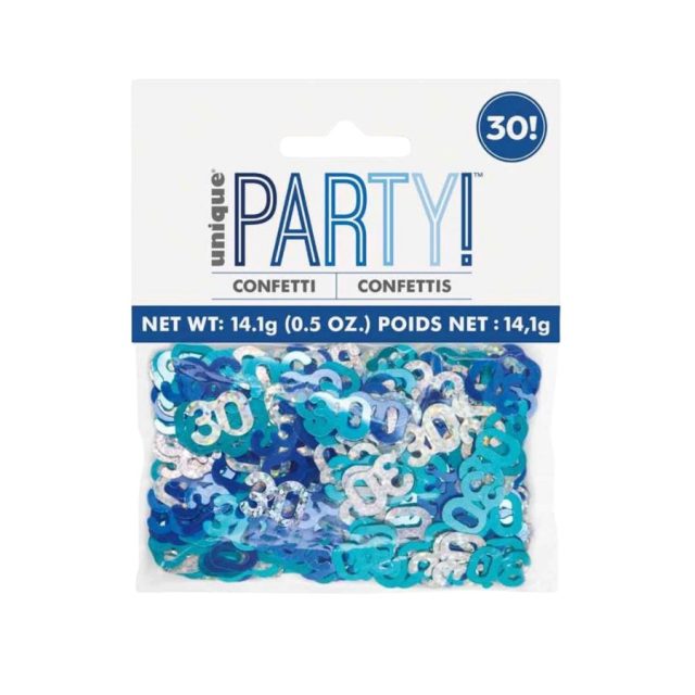 UNIQUE 30TH BLUE CONFETTI Pack of Unique Party Blue Glitz 30th Birthday Confetti in multiple shades of blue and silver