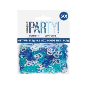 Packet of Unique Party Blue Glitz 50th Birthday Confetti with mixed blue and silver foil pieces