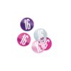 Close up of pink, purple and silver metallic 16th birthday confetti pieces