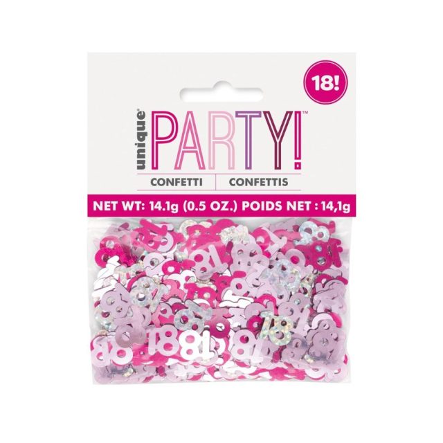 UNIQUE PINK 18TH CONFETTI Pack of pink and silver metallic 18th birthday confetti pieces in party packaging