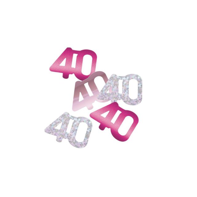 Loose pink and silver glitz 40th birthday confetti pieces on white background