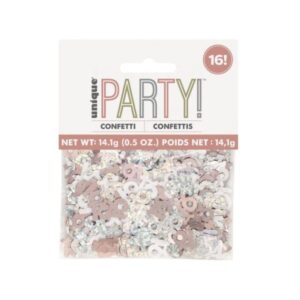 Pack of Unique Party rose gold glitz confetti with 16th birthday design