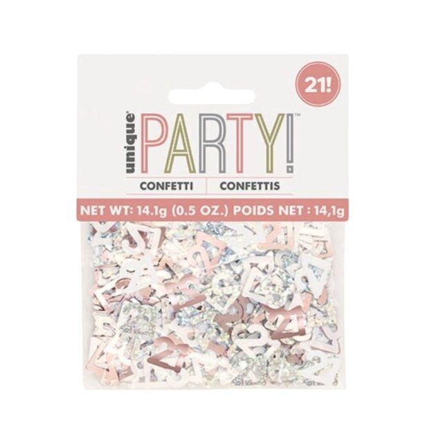 Pack of Rose Gold and silver foil 21st birthday confetti pieces in packaging
