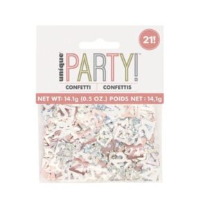 Pack of Rose Gold and silver foil 21st birthday confetti pieces in packaging