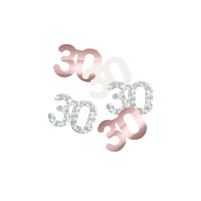 Rose gold and silver 30th birthday confetti pieces in various finishes