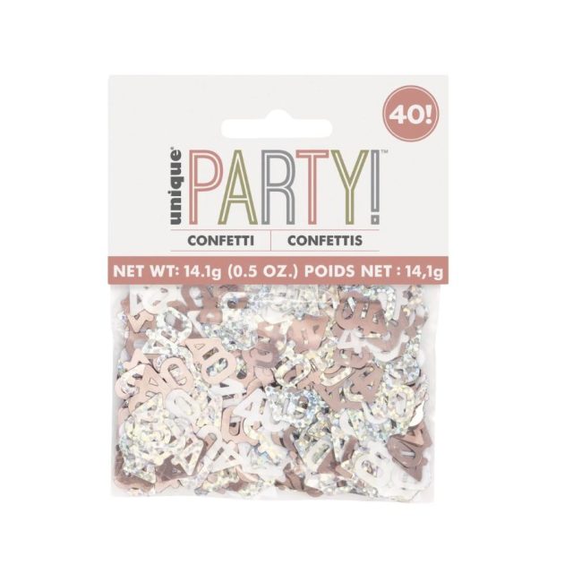 Pack of rose gold and silver foil 40th birthday confetti in branded packaging