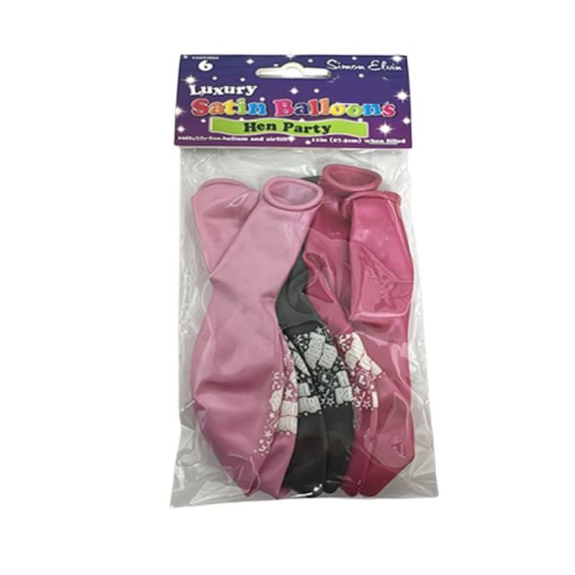 Pack of six Simon Elvin luxury satin hen party balloons in pink and black