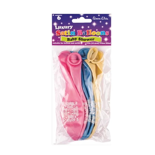 Pack of six Simon Elvin luxury satin baby shower balloons in pink, blue and yellow