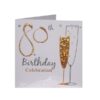 Folded Simon Elvin 80th birthday party invitation card with gold foil and champagne glasses design