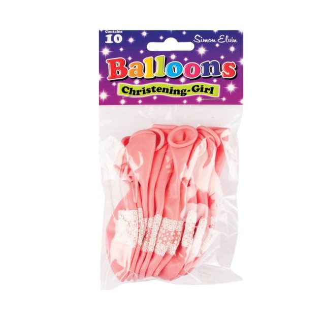 Pack of 10 pink Simon Elvin Christening Girl latex balloons with printed christening design